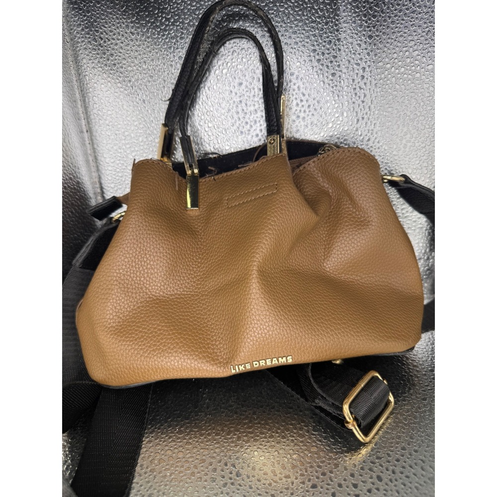 Like Dreams Tan Pebbled Satchel Handbag Crossbody Bag Gold Hardware Multi Pocket